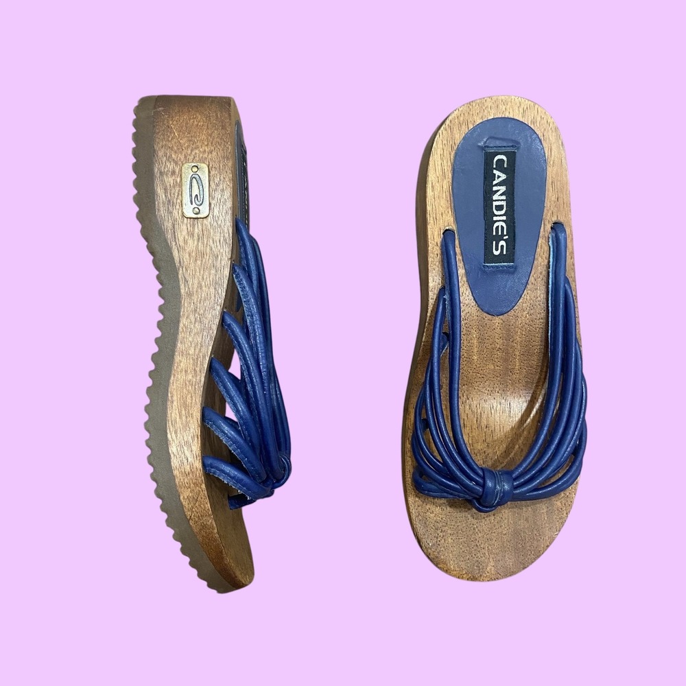 Vintage Candies Wooden Platform Sandals Blue Multi Strap Knotted Wedge Slides